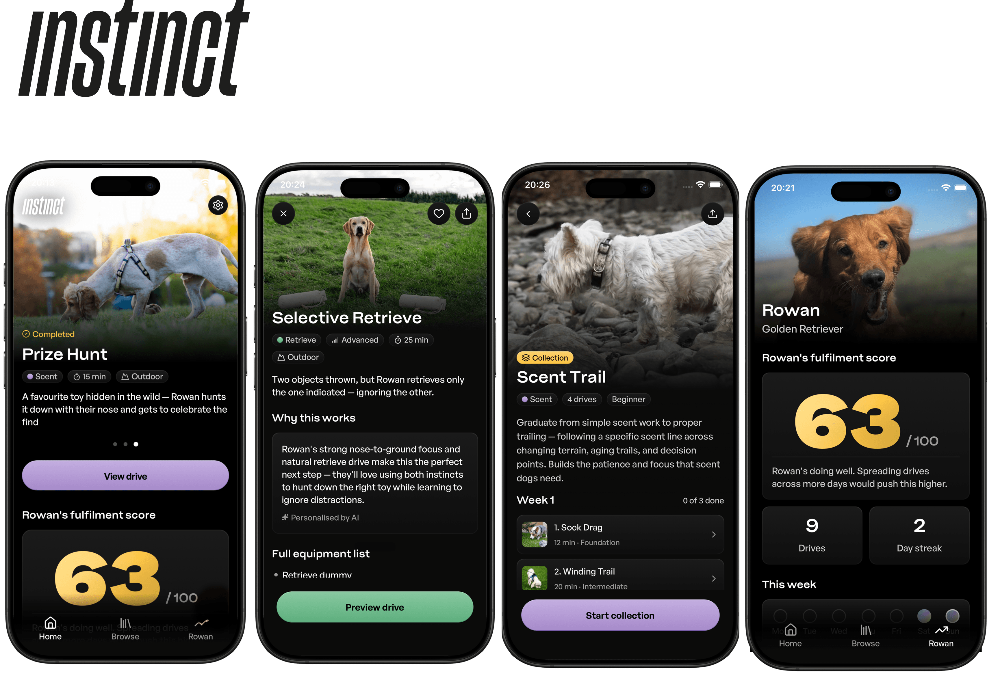 Four Instinct mobile app screens shown together — Prize Hunt, Selective Retrieve with the AI 'Why this works' panel, Scent Trail collection, and a Rowan profile with fulfilment score