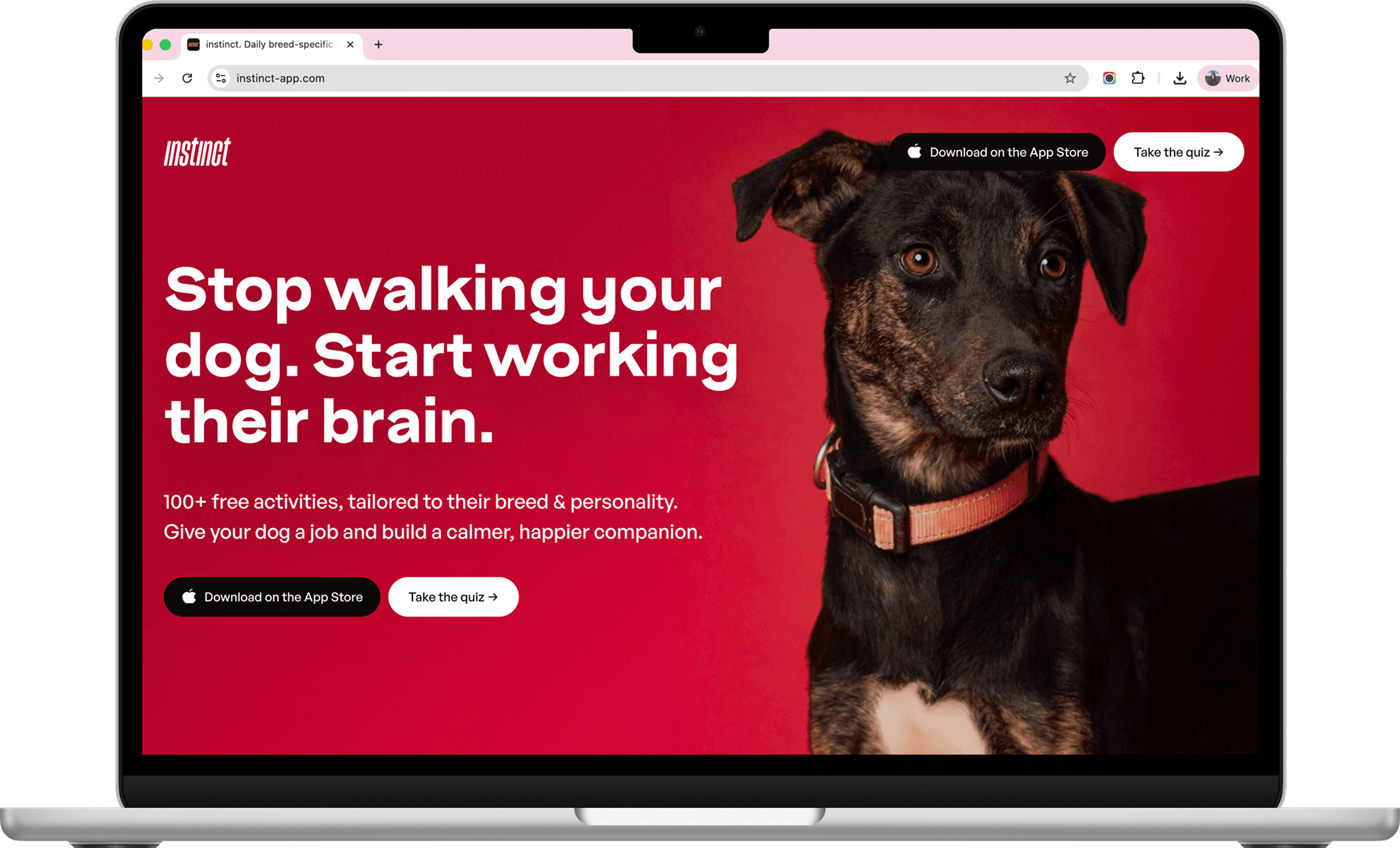 The instinct-app.com marketing site shown on a laptop — hero reads 'Stop walking your dog. Start working their brain.' alongside a portrait of a brindle dog